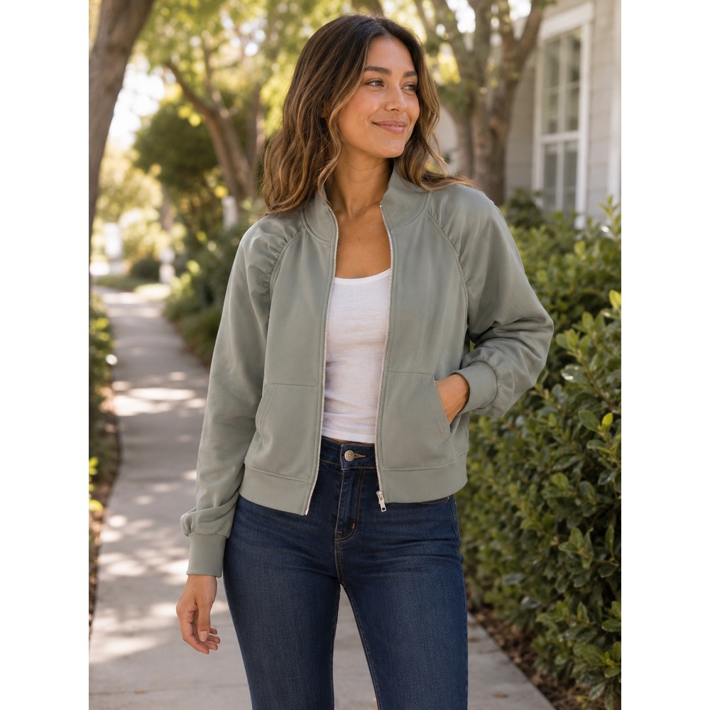 DKNY Sport Womens Sage Green Puff Sleeve Zip Up Bomber Jacket Mock Neck XL